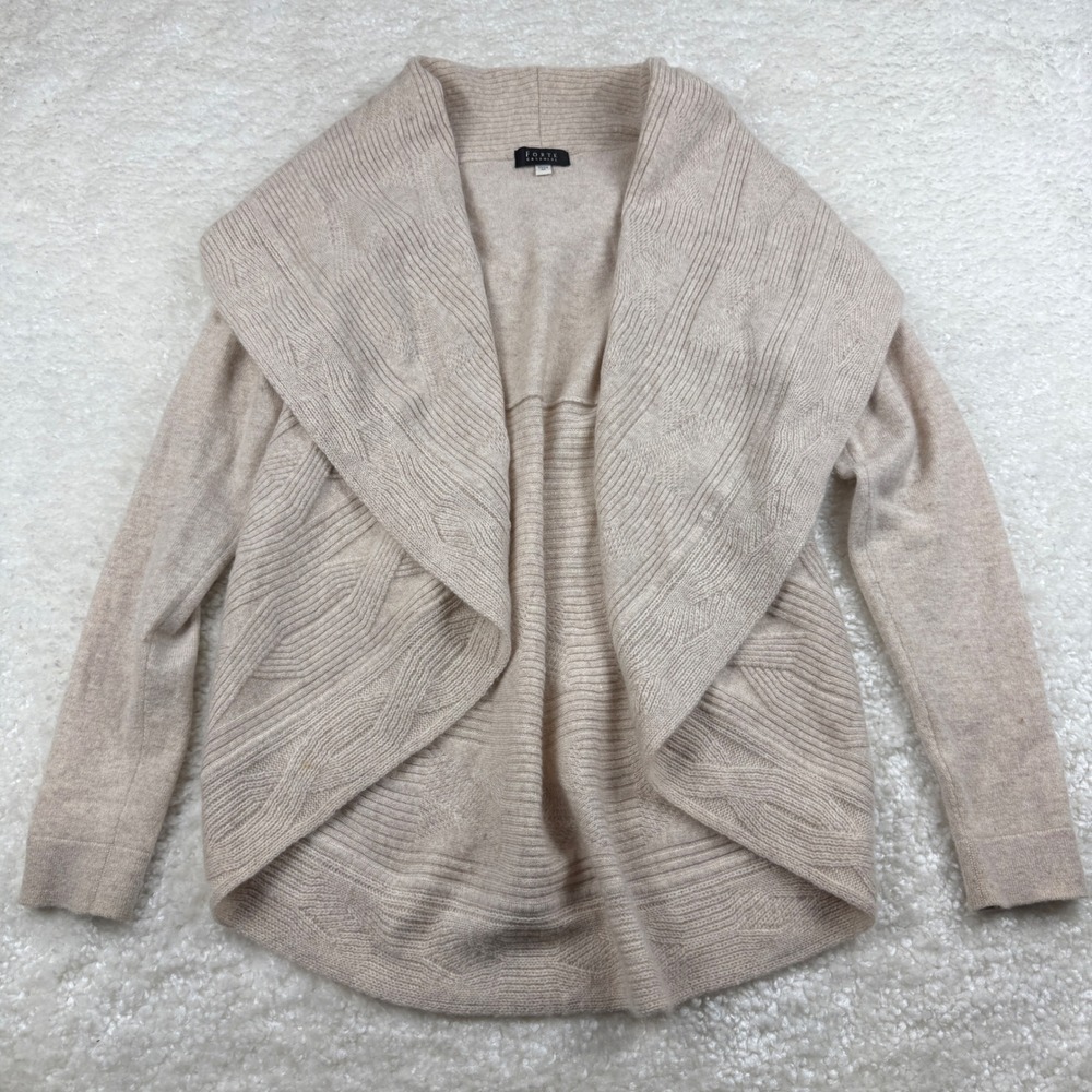 Forte Cashmere Cardigan Women Size M Beige Open Front Shawl Collar Mixed Knit